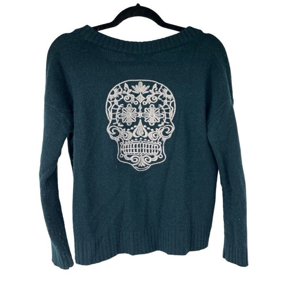 Skull Cashmere‎ Green White Skull Embroidered Day Of Dead V Neck Sweater